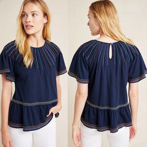 Maeve Chamonix Embroidered Swing Navy Blue Blouse Top Women’s X-Small